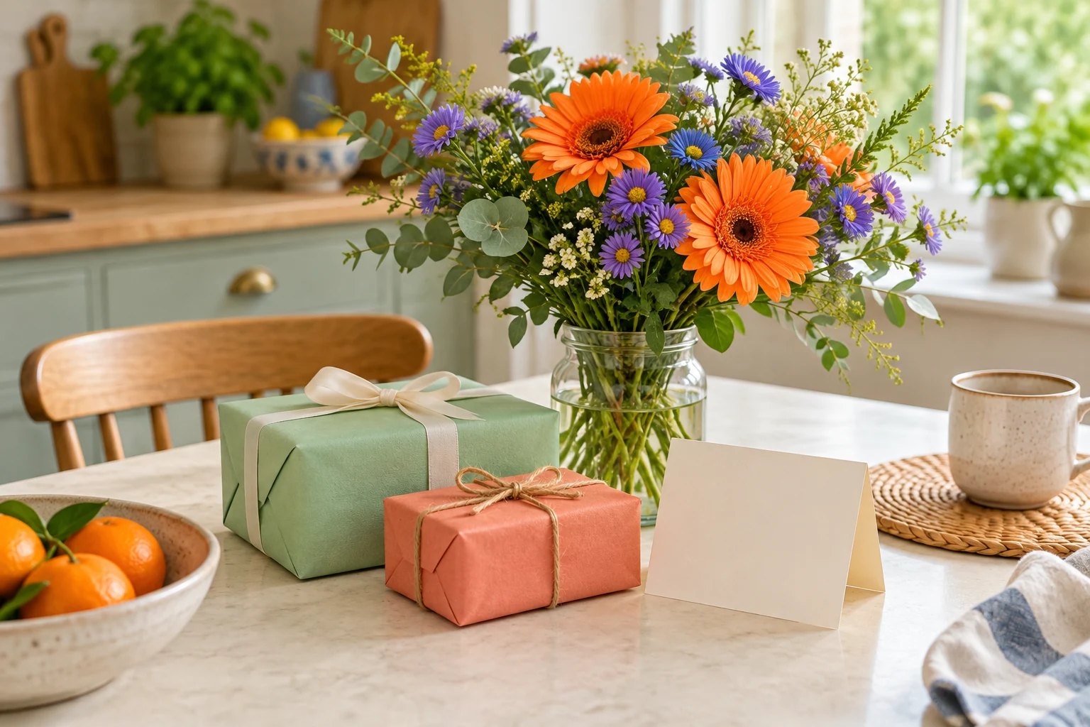 A thoughtful everyday gifting scene: two distinct small wrapped gifts in mint and coral, a plain unlettered greeting card, a simple bouquet of orange gerberas and purple asters on a cream kitchen table. No champagne or luxury bags.