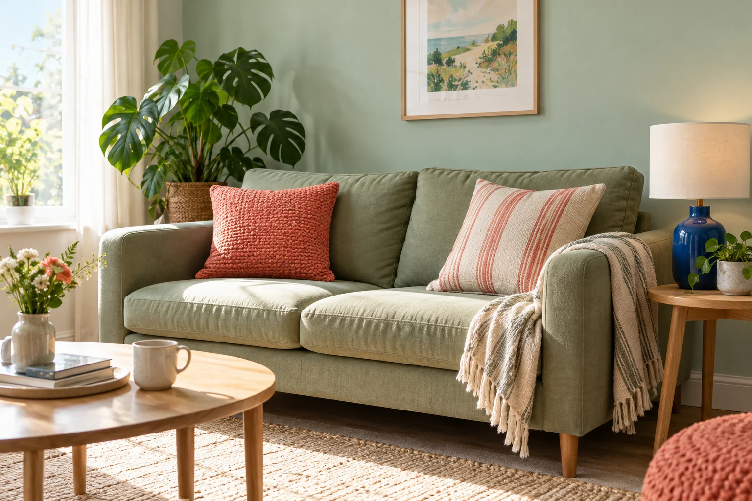 An approachable sunlit living room refresh with a sage sofa, two different coral and cream cushions, a small cobalt table lamp and a light oak side table, mint wall and one houseplant. Normal modest home, no chandeliers or luxury furniture.