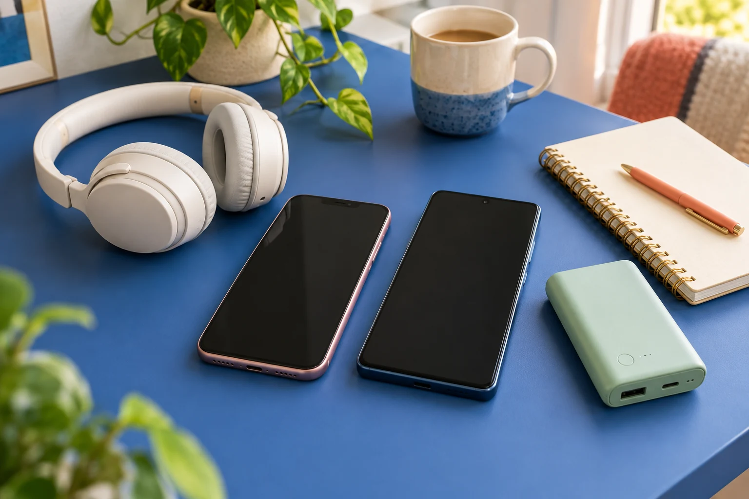 A practical technology comparison still life: two different unbranded smartphones, wireless headphones and a small portable charger laid neatly on a pale cobalt desk beside a cream notebook. Screens blank, no written specifications or logos.
