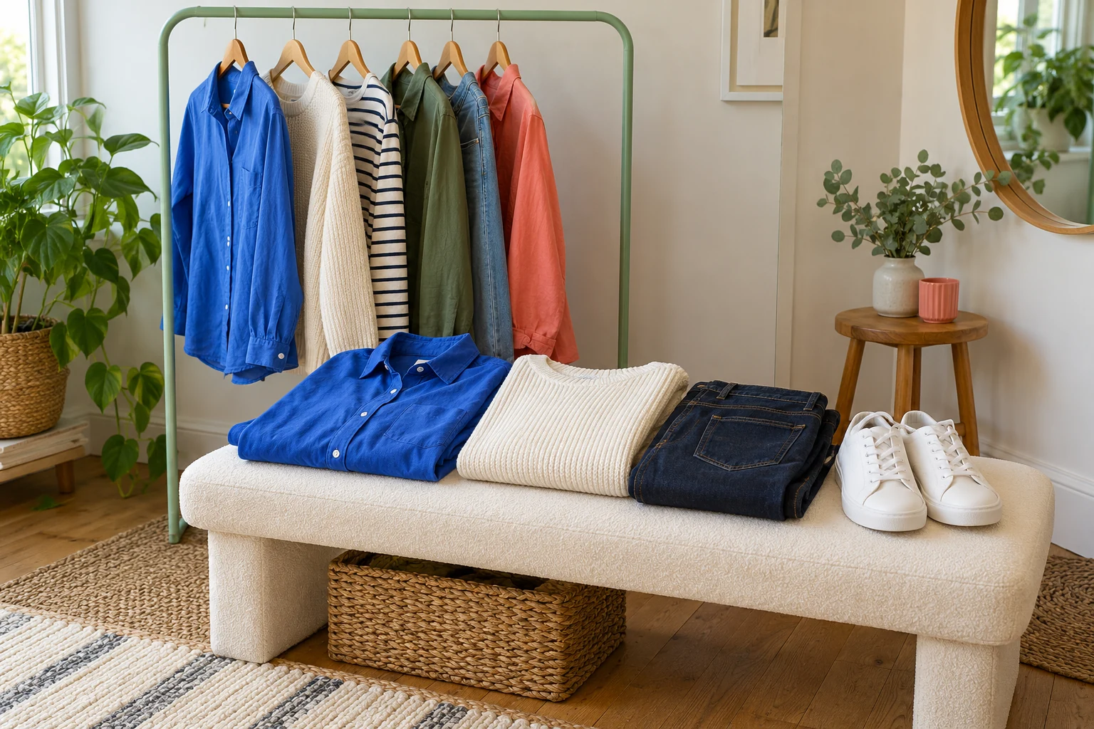 A practical small wardrobe selection: a cobalt cotton shirt, cream knit jumper, dark jeans and simple white trainers arranged on a low cream bench by a mint clothing rail. Friendly natural light, no designer labels, no people or shopping bags.